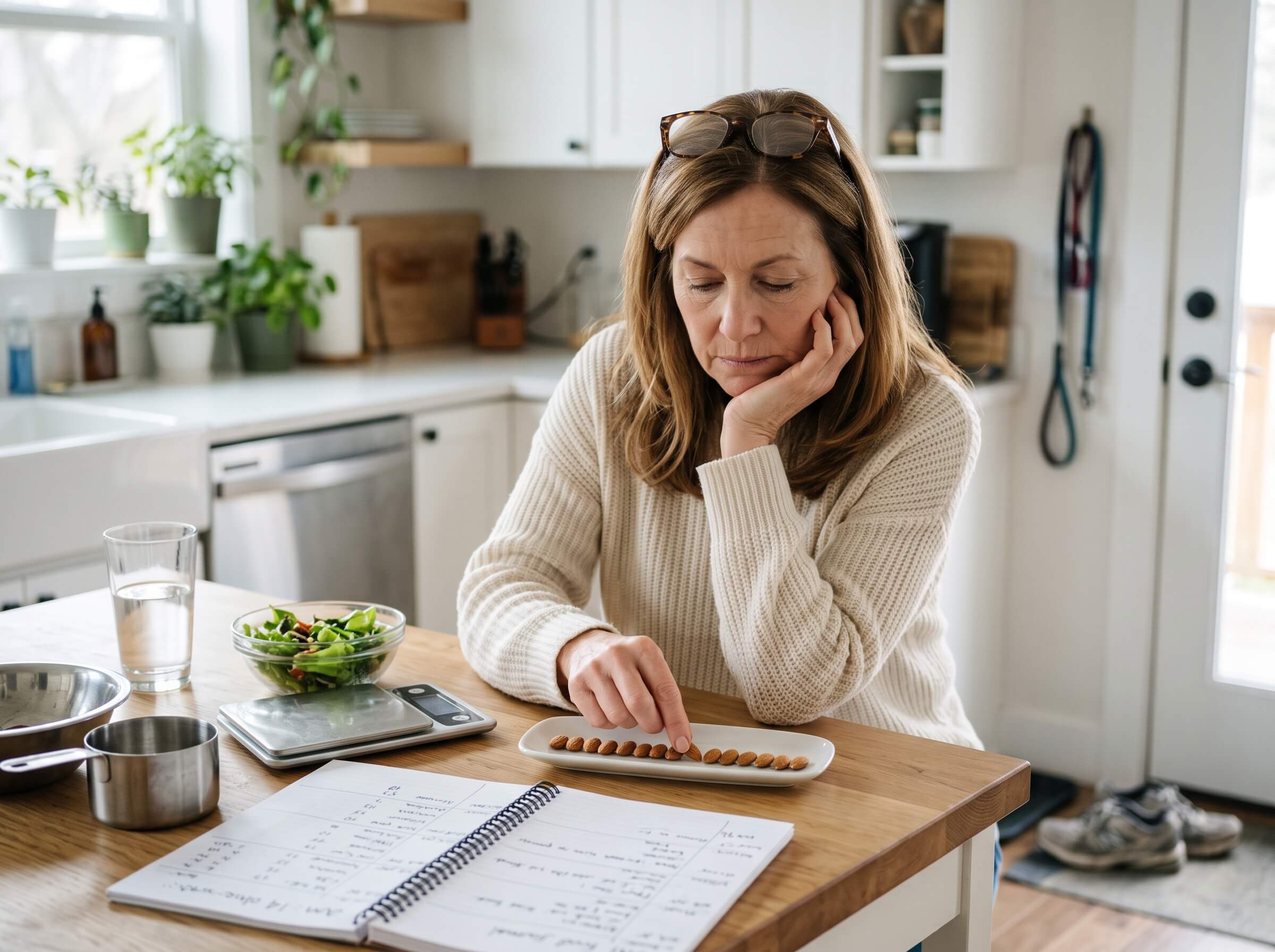 A woman at a kitchen table counts almonds, with a food scale and journal nearby.