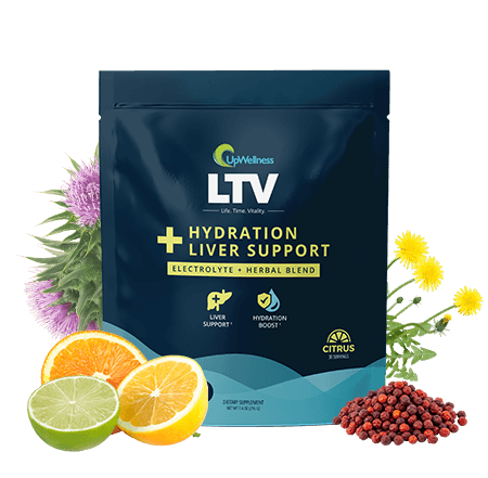 A pouch of UpWellness LTV Hydration Liver Support surrounded by citrus fruits, flowers, and berries.