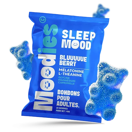 A blue pouch of Moodies Sleep Mood gummies with several blue, sugar-coated, bear-shaped gummies floating around it.
