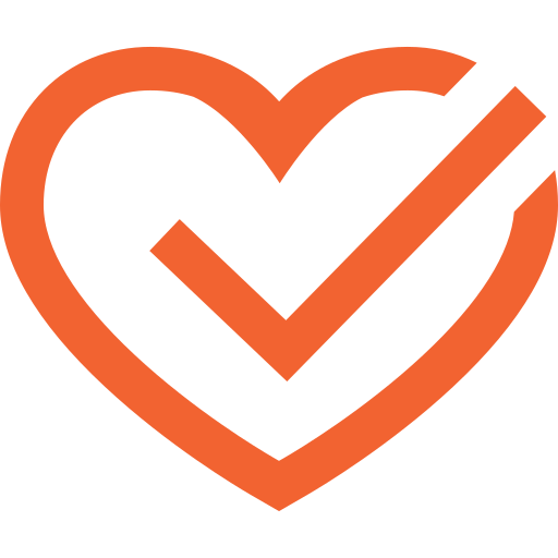 Orange heart outline with a check mark inside.