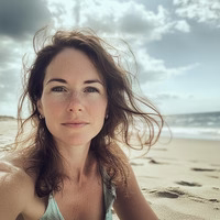Person with wavy hair on a beach, cloudy sky in the background.