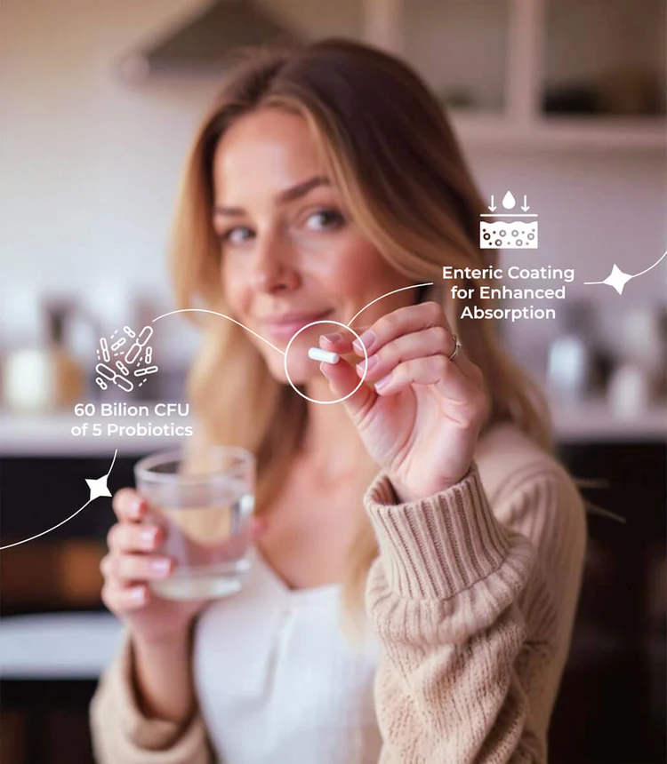 Woman holding a probiotic pill and a glass of water, with text about probiotics.