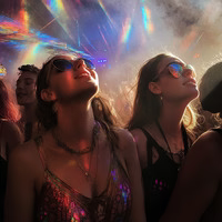 People wearing sunglasses enjoying a colorful light show at a concert.