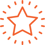 Orange star icon with radiating lines on a white background.
