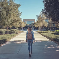 Person walking on a tree-lined pathway towards a building.