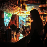 Two women talking at a dimly lit bar with glasses overhead.