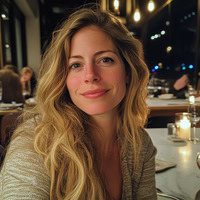 Person with long hair smiling in a dimly lit restaurant.