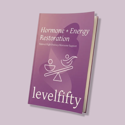 Book cover titled 'Hormone + Energy Restoration' with a purple background.