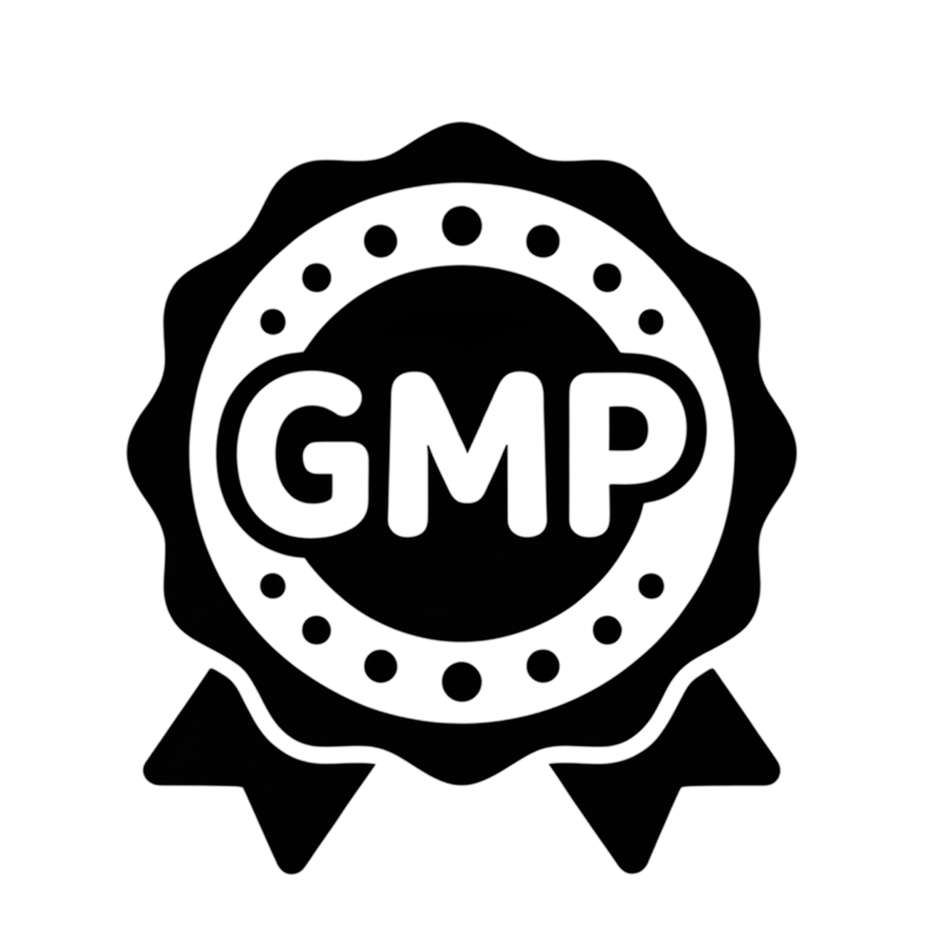 A black icon of a seal with the letters GMP inside and ribbons below.