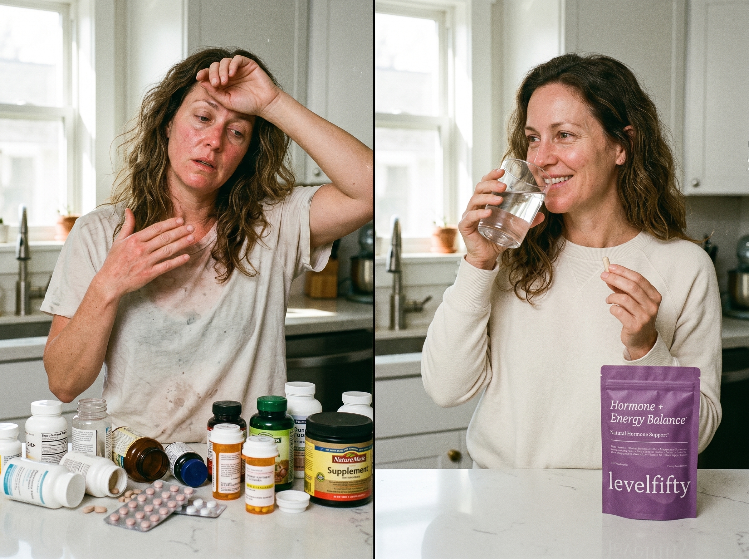 A pouch of Hormone + Energy Balance supplements on a bedside table with a glass of water and sleep mask.