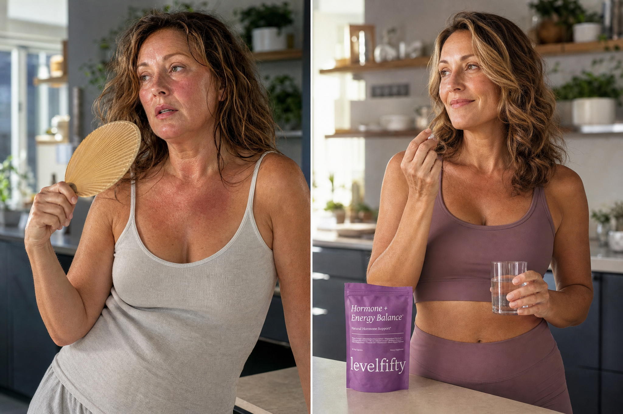 A pouch of Hormone + Energy Balance supplements on a bedside table with a glass of water and sleep mask.