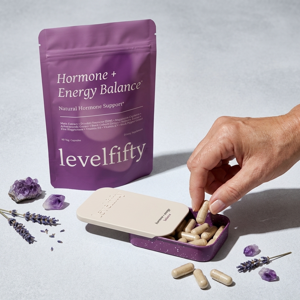 A hand takes a supplement capsule from a purple pill case next to a pouch of the product.