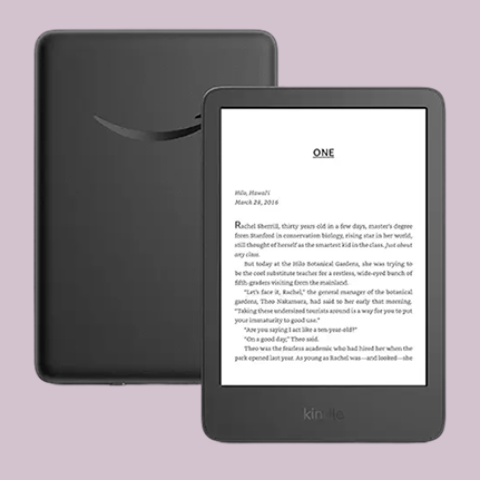 Black e-reader displaying text, with another one showing its back against a purple background.