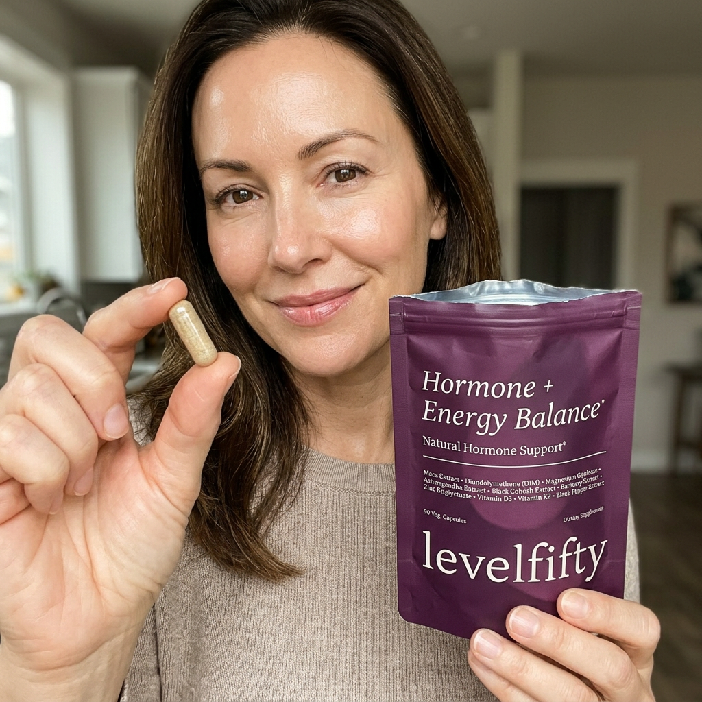 A woman holds a capsule and a purple pouch of levelfifty Hormone + Energy Balance supplements.