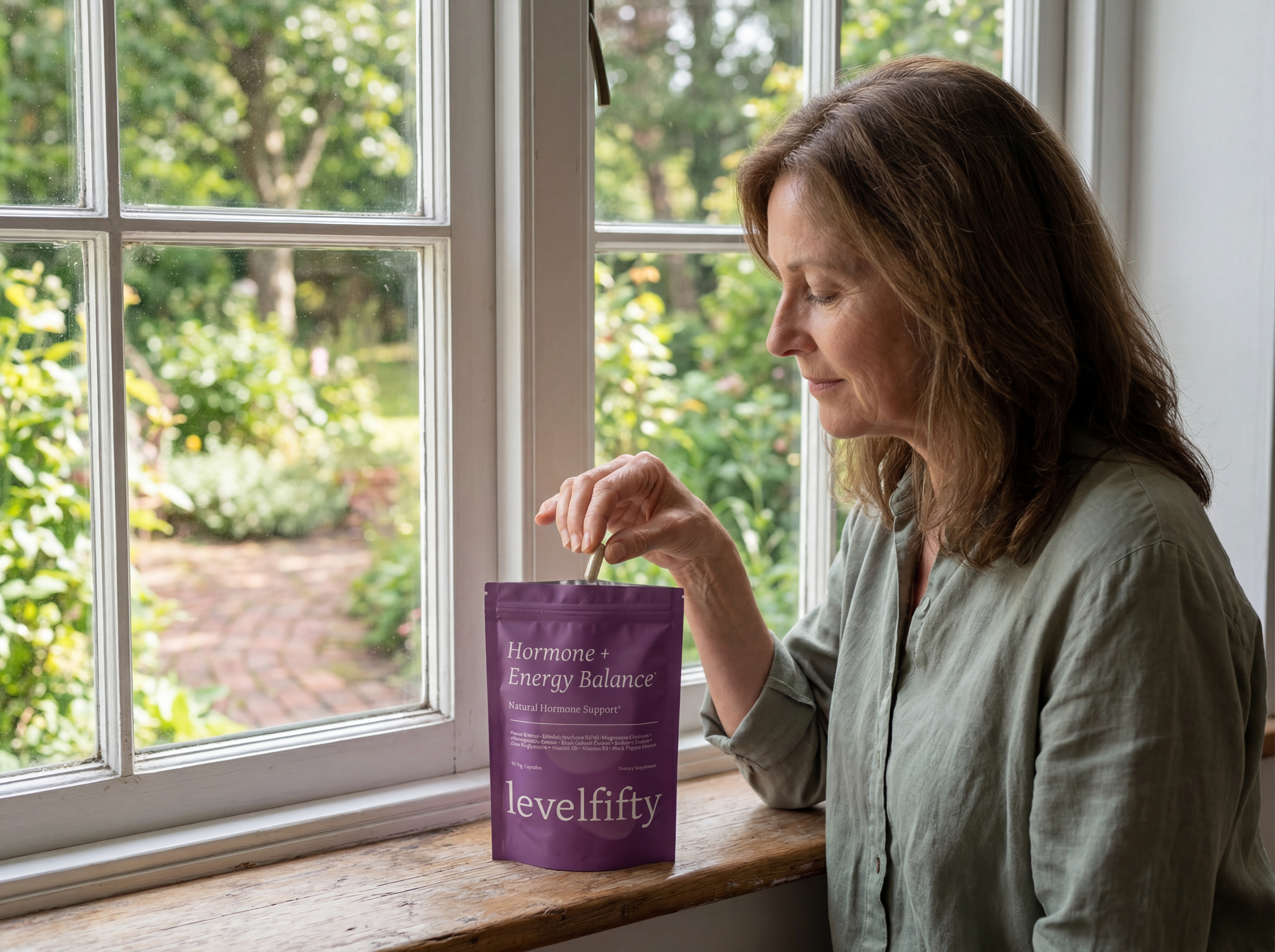 A woman takes a capsule from a purple pouch of levelfifty Hormone + Energy Balance supplements by a window.