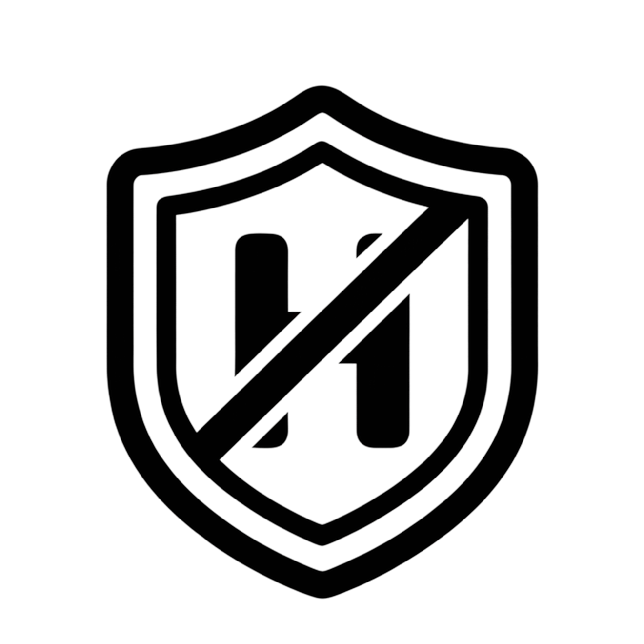 A black and white icon of a shield containing the letter H with a line through it.