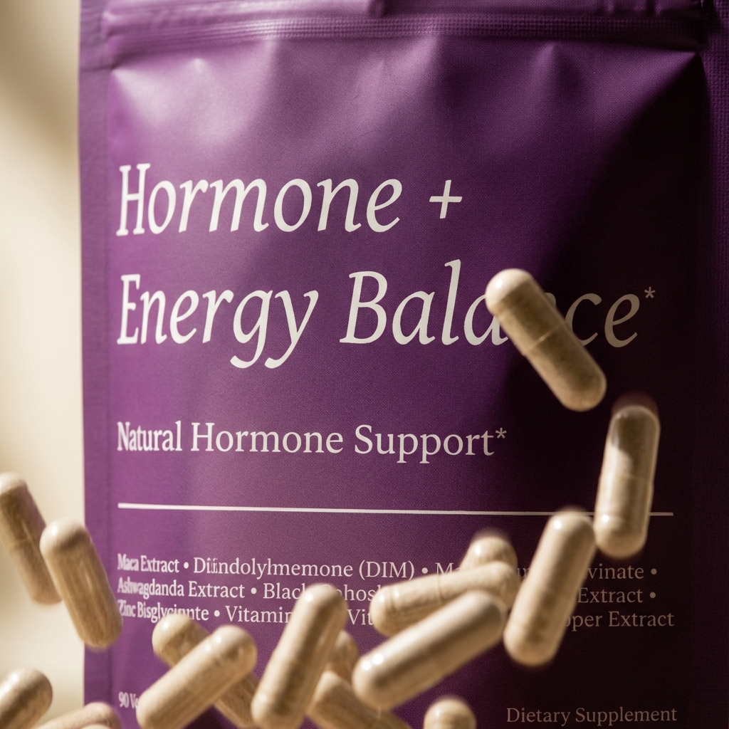 A purple pouch of 'Hormone + Energy Balance' dietary supplements with capsules falling in front of it.