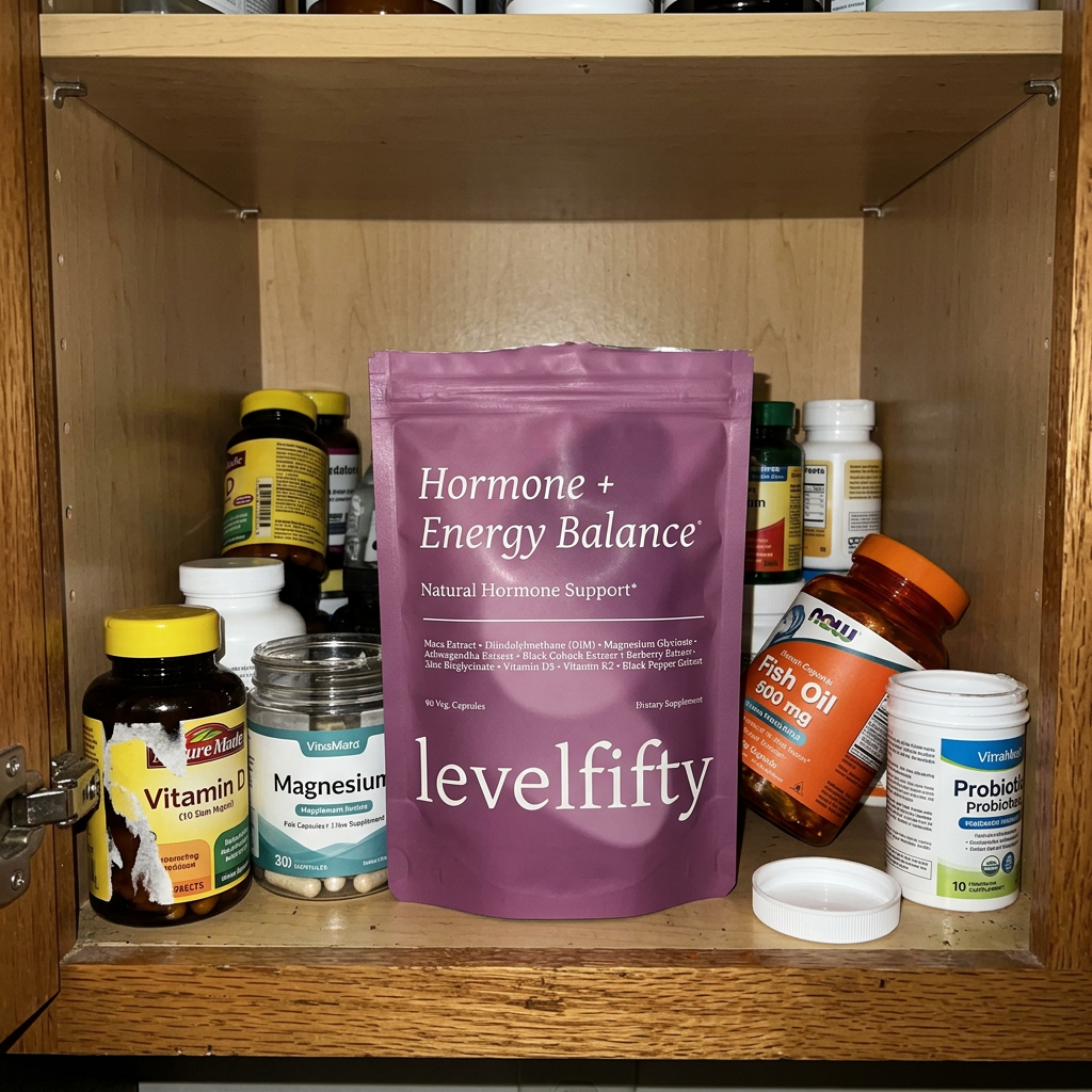A wooden cabinet shelf filled with various bottles and a pouch of vitamins and dietary supplements.