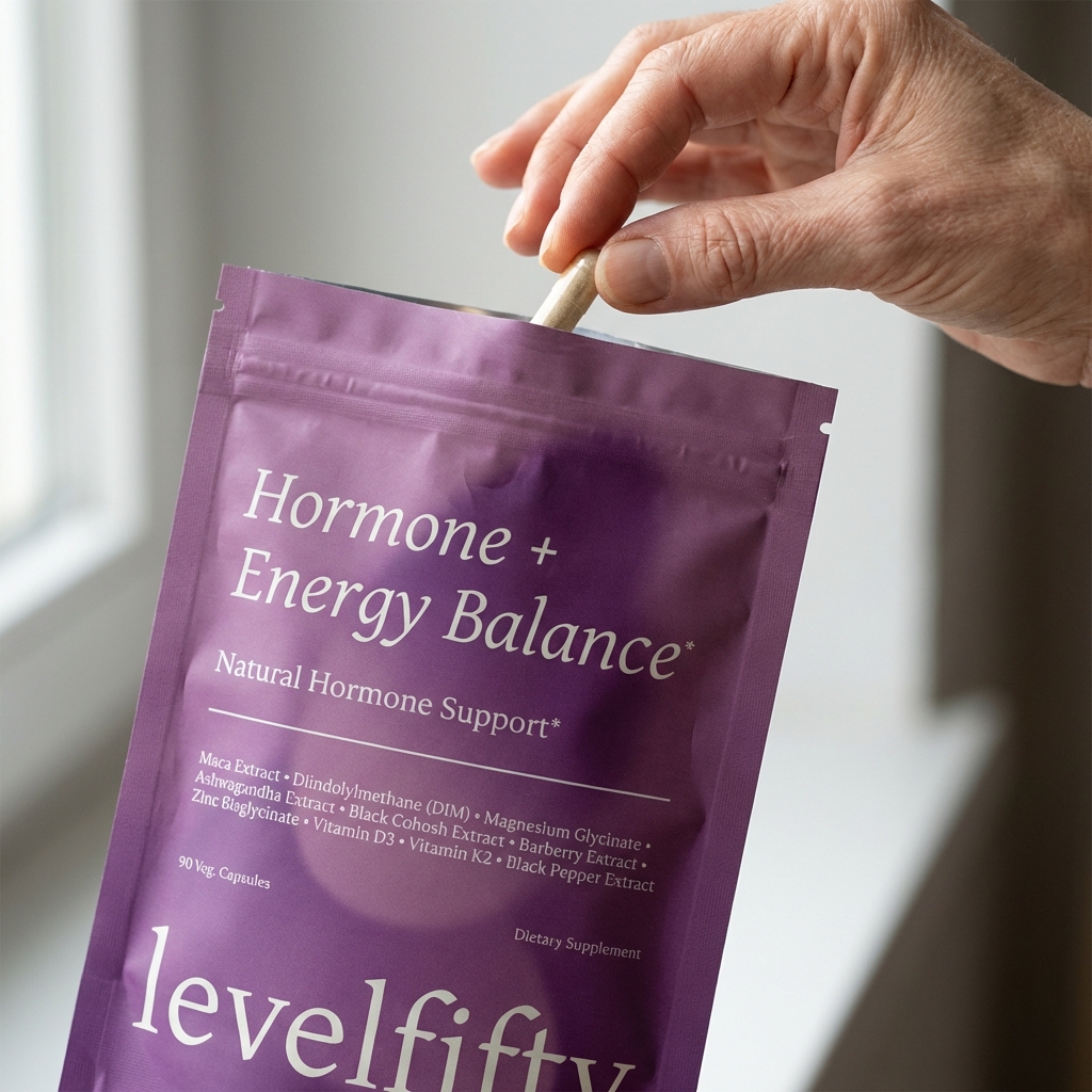 A hand takes a capsule from a purple pouch of levelfifty Hormone + Energy Balance dietary supplement.