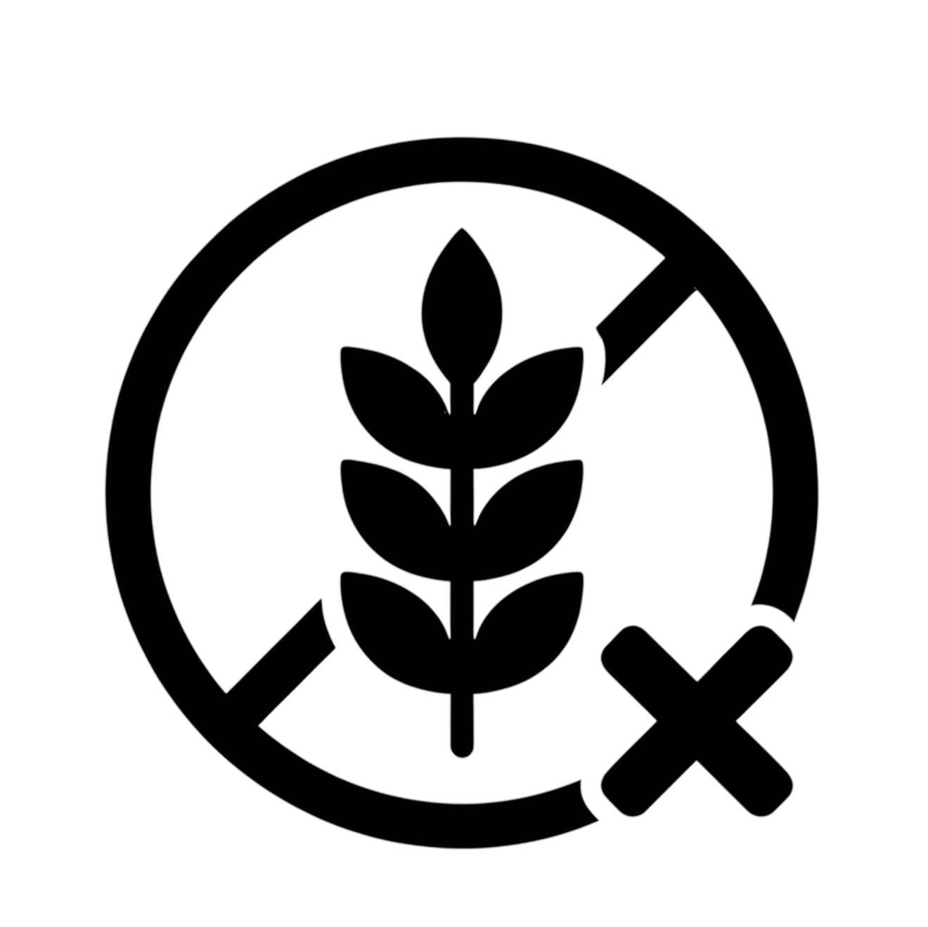 A black icon of a crossed-out wheat stalk, symbolizing 'gluten-free'.