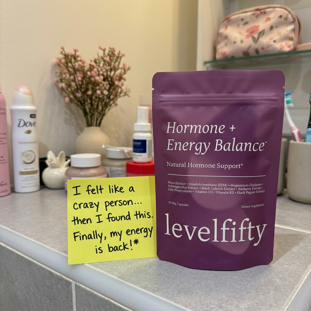 A purple pouch of levelfifty Hormone + Energy Balance supplement sits on a bathroom counter next to a handwritten note.