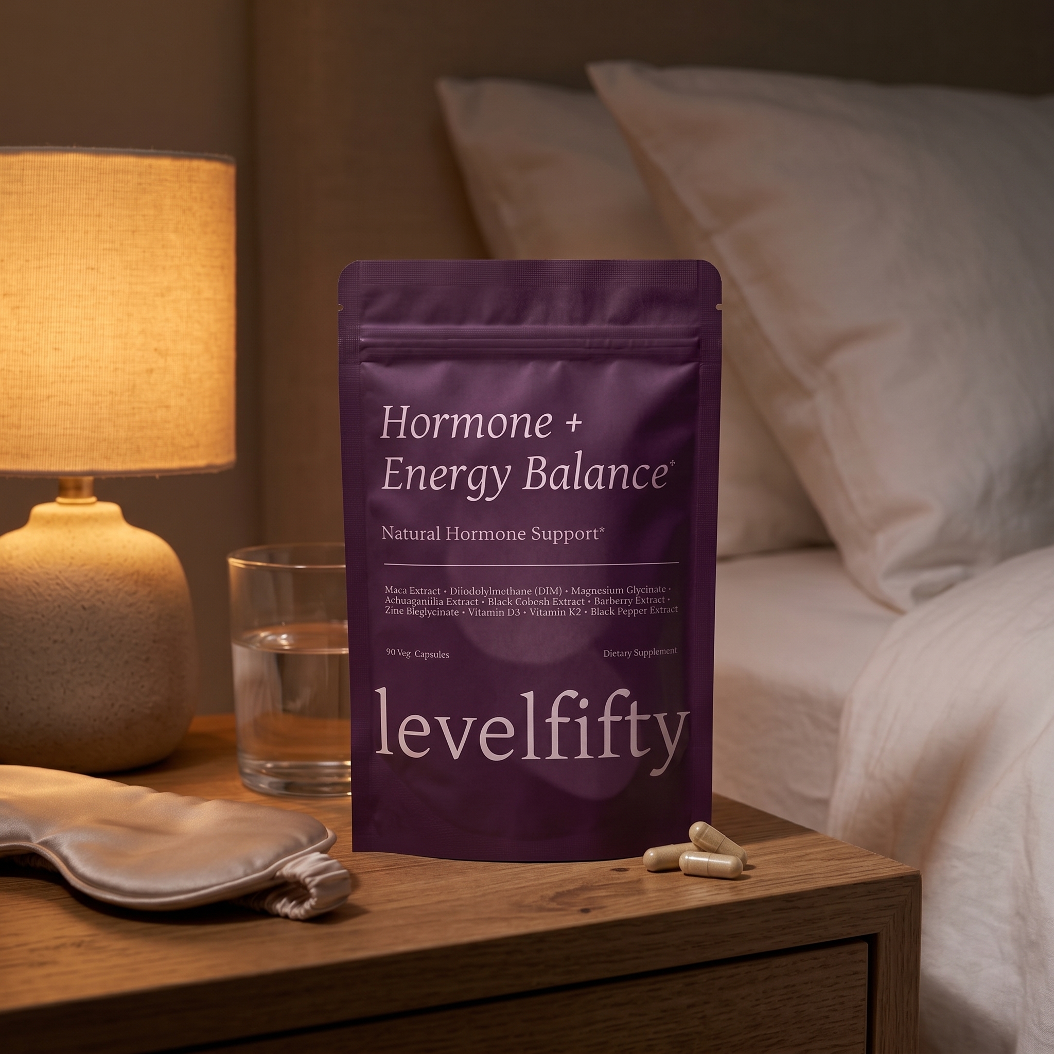 A pouch of Hormone + Energy Balance supplements on a bedside table with a glass of water and sleep mask.