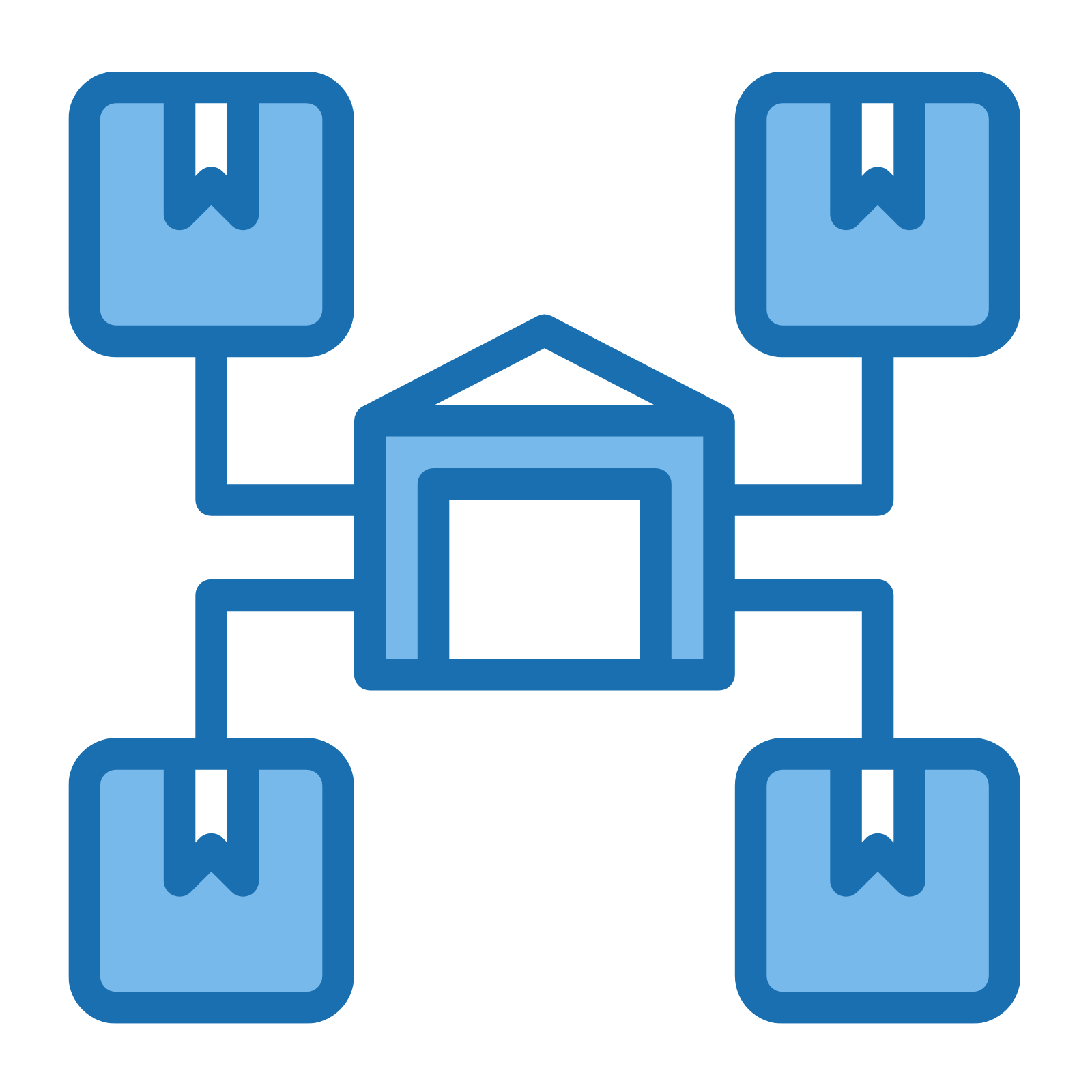 Blue network diagram with central house and four connected boxes.