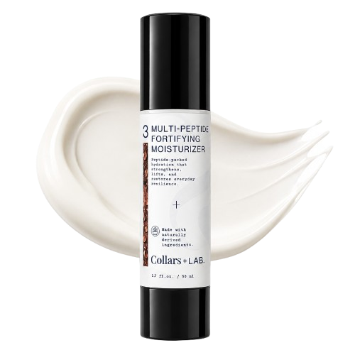 A bottle of Collars + Lab Multi-Peptide Fortifying Moisturizer on a swirl of white cream.