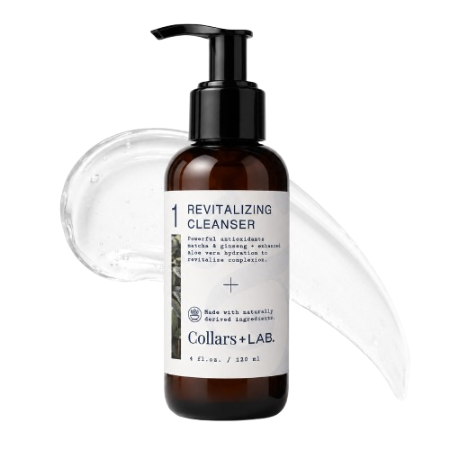 A brown pump bottle of Collars+LAB. Revitalizing Cleanser, with a clear gel smear behind it.