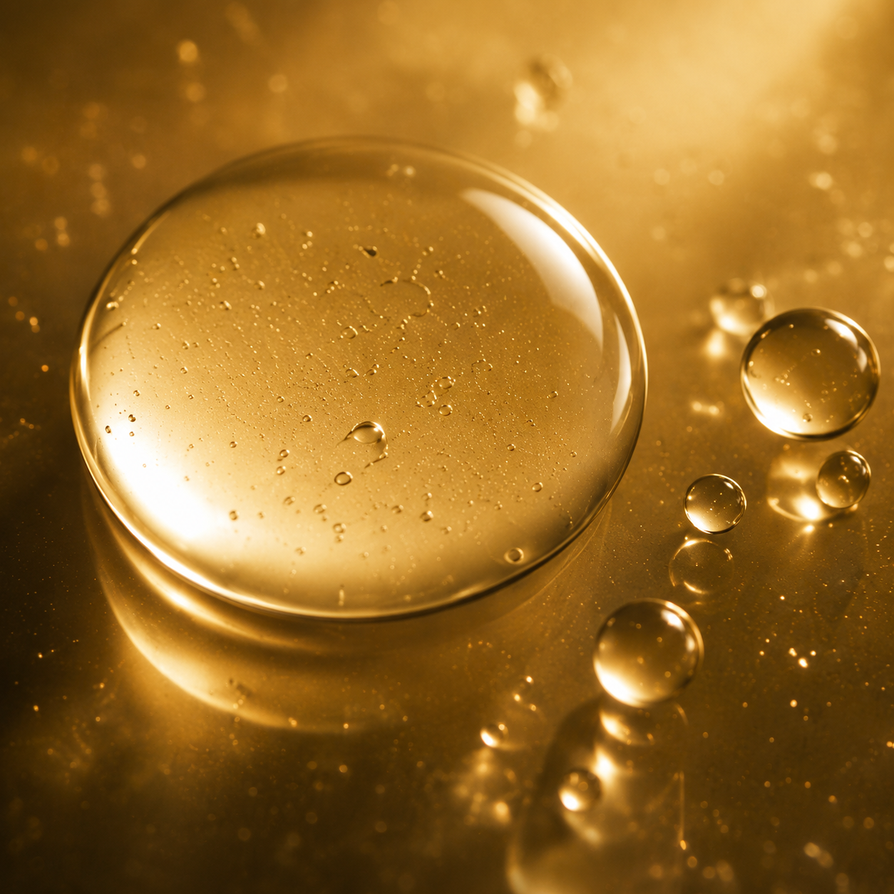 A large, clear droplet and several smaller droplets resting on a reflective, golden surface.
