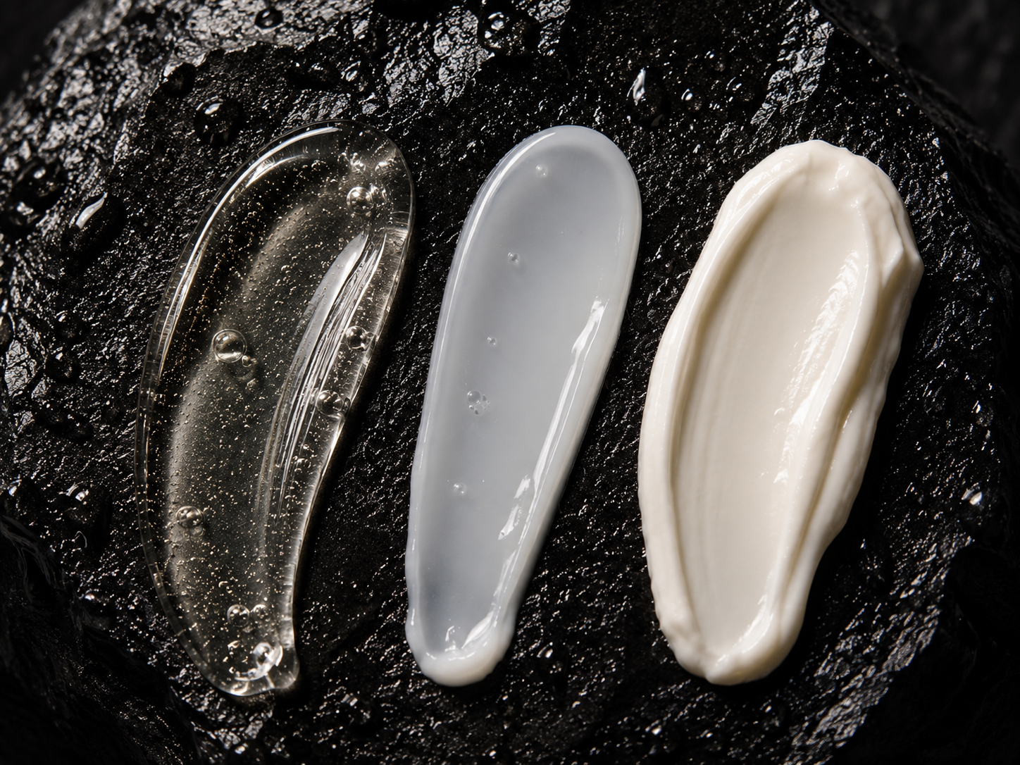 Three smears of cosmetic products—a clear gel, a translucent gel, and an opaque cream—on a wet black rock.