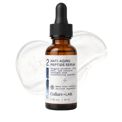 A brown dropper bottle of Collars+LAB. anti-aging peptide serum with a clear serum swatch behind it.