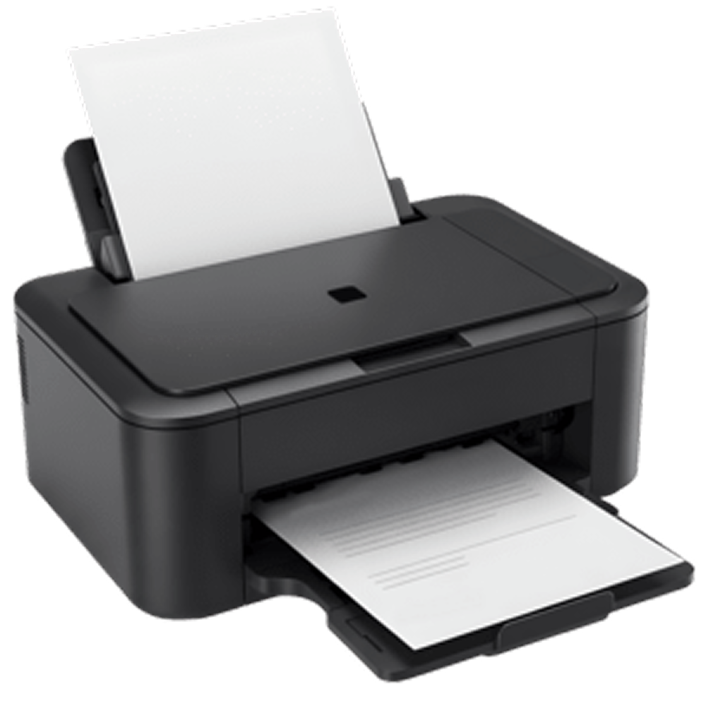 Black printer with paper tray and documents.