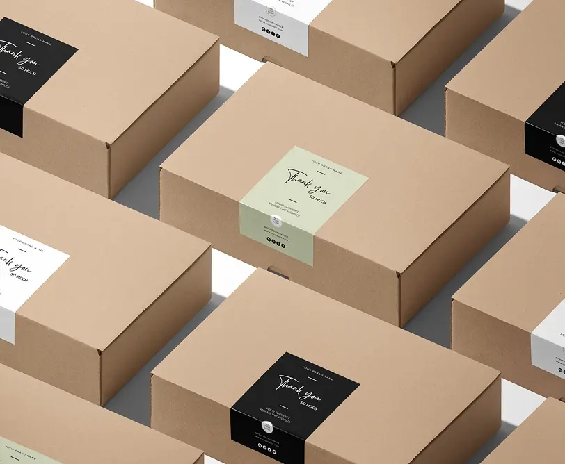 Brown cardboard boxes with thank you cards on top.