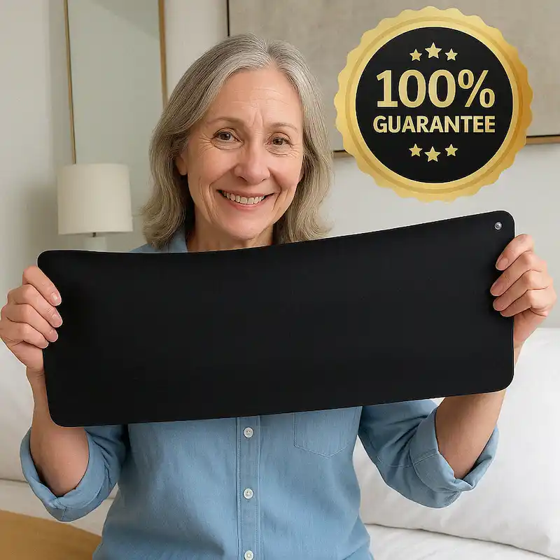 Smiling woman holding a black rectangular object with a 100% guarantee badge.