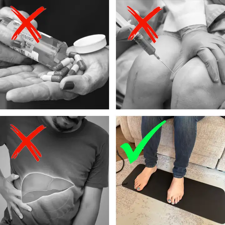 Four images with red crosses and a green check mark on different health-related actions.