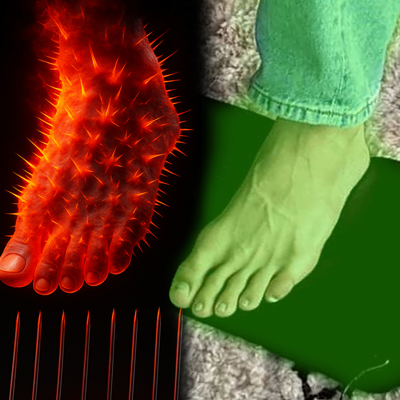 Split image of a glowing red spiky foot and a green foot on a mat.