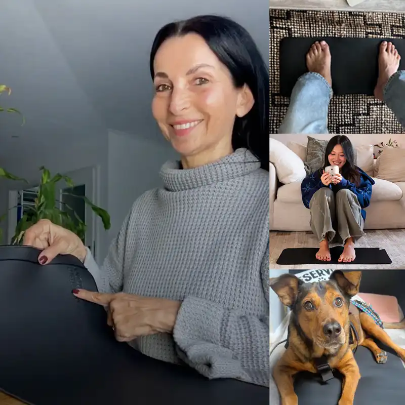 Collage of a woman smiling, feet on a mat, person with a mug, and a dog lying down.