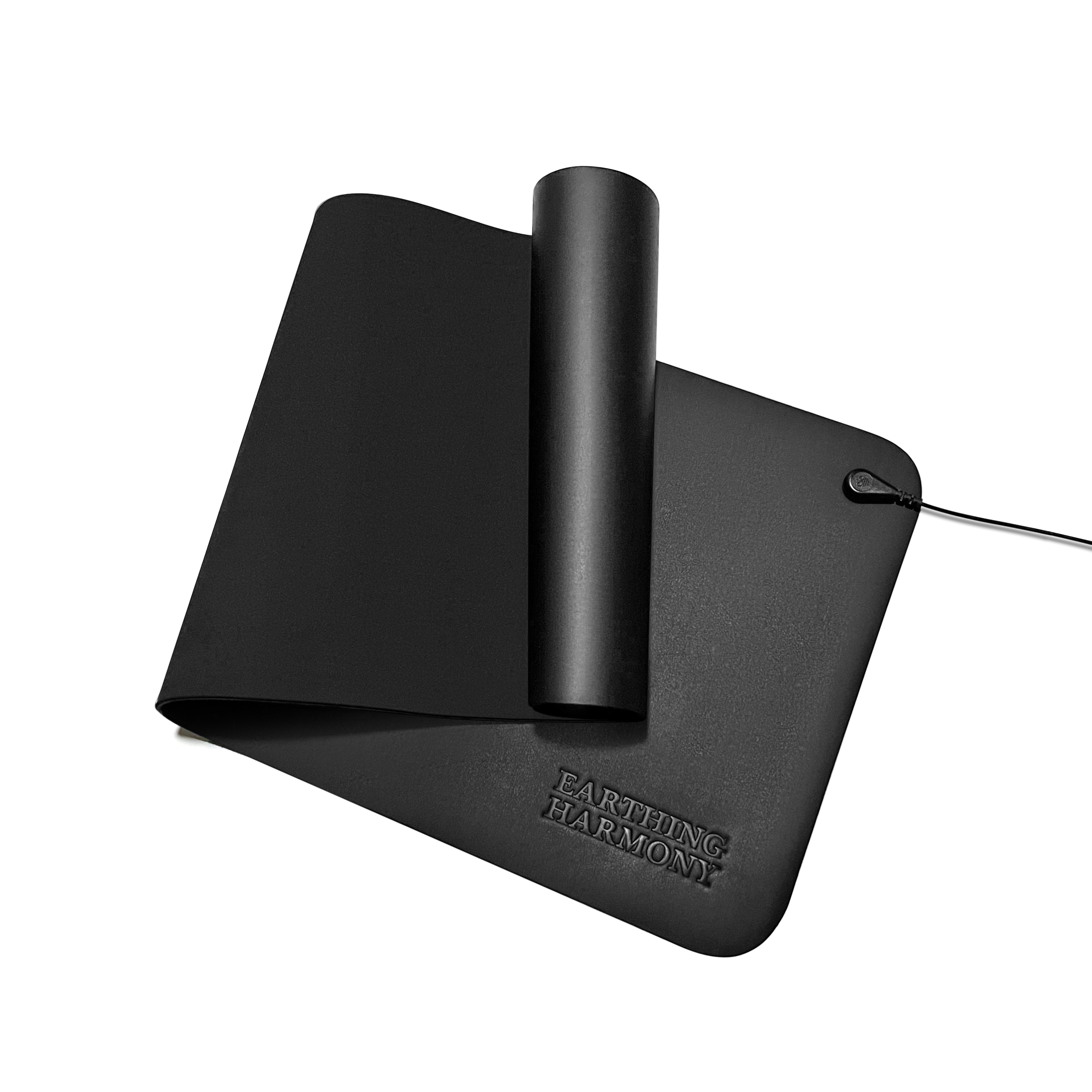 Black earthing mat with a rolled section and a connected cord.