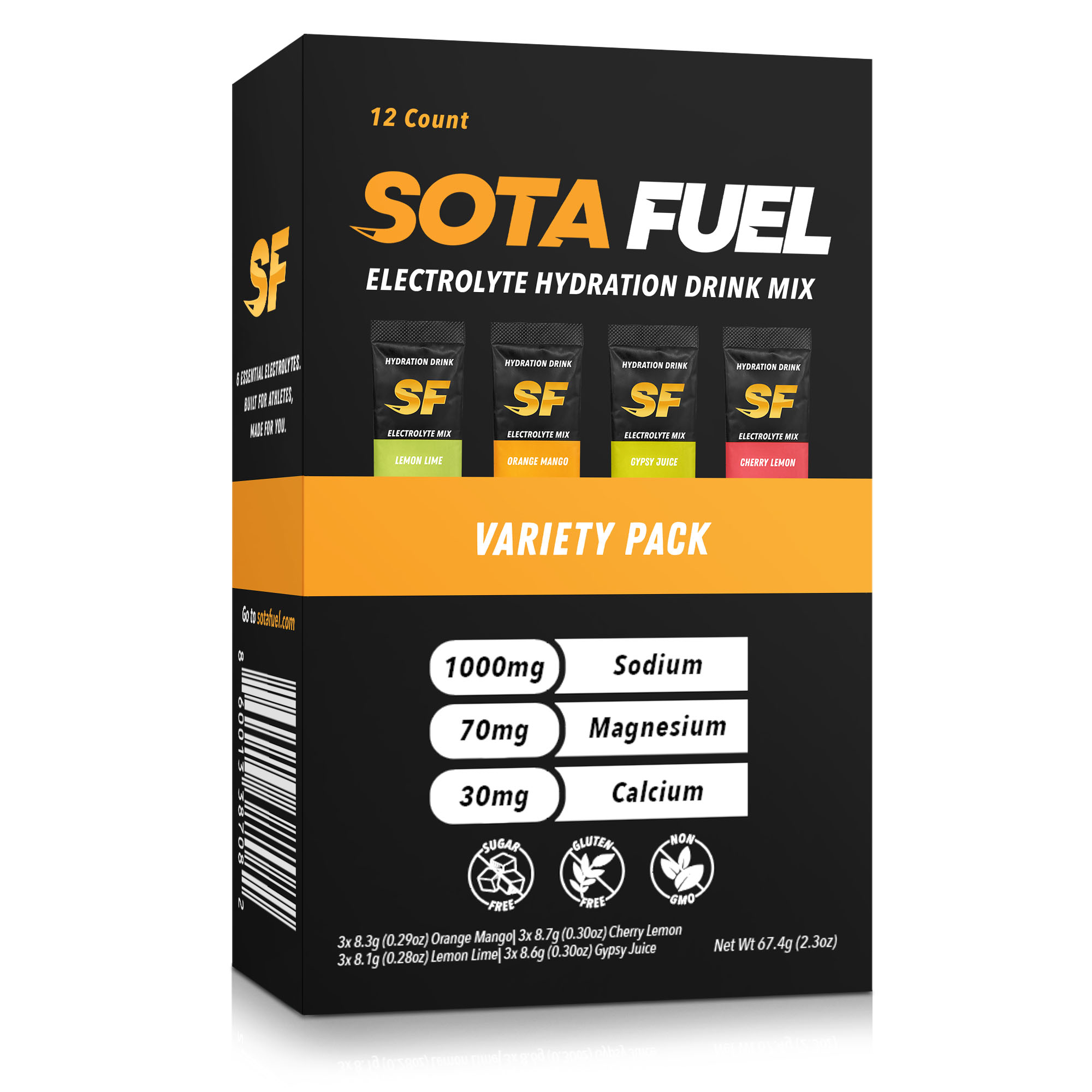 Box of Sota Fuel electrolyte hydration drink mix variety pack.