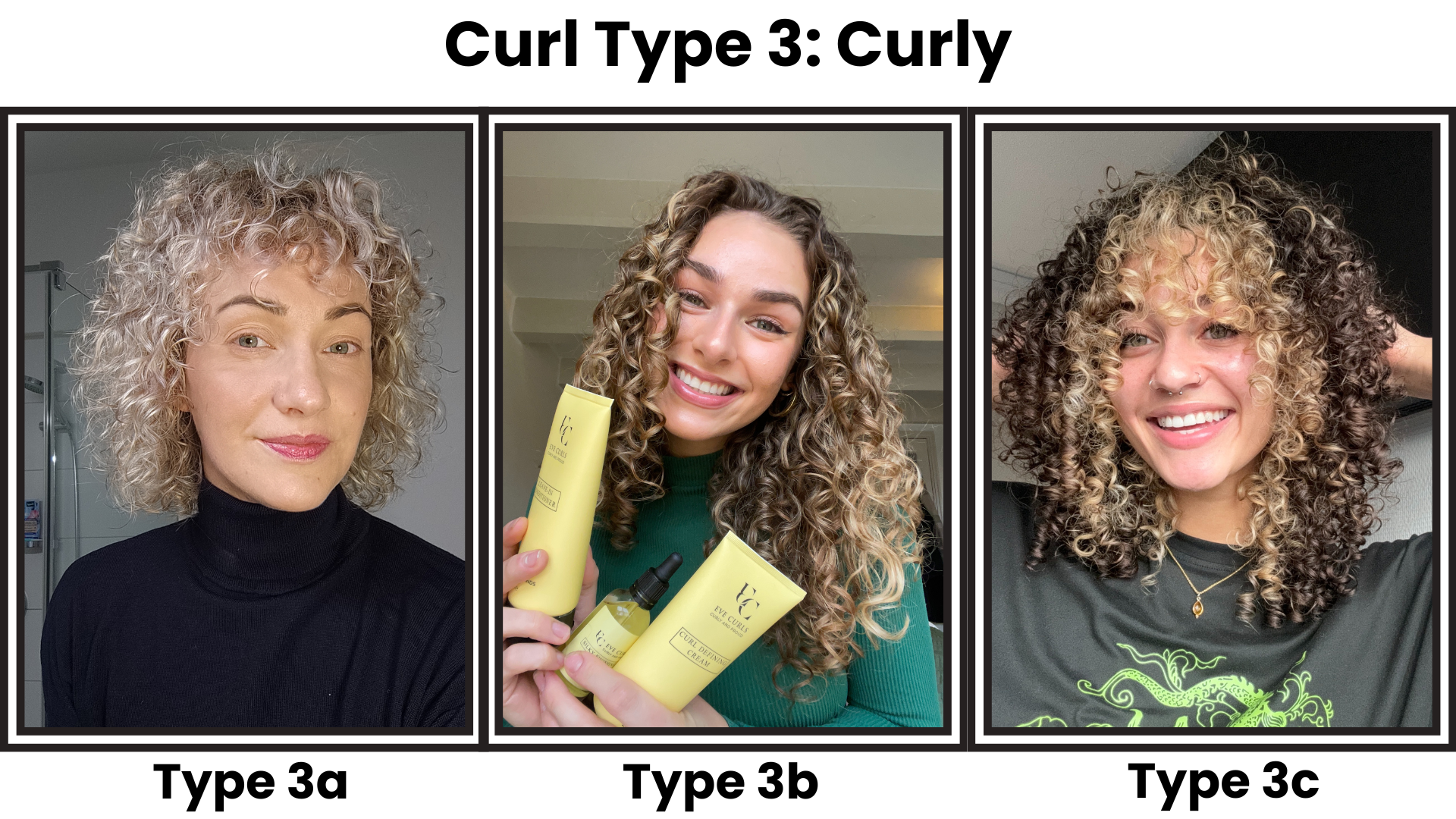 Three people with different curly hair types: 3a, 3b, and 3c.
