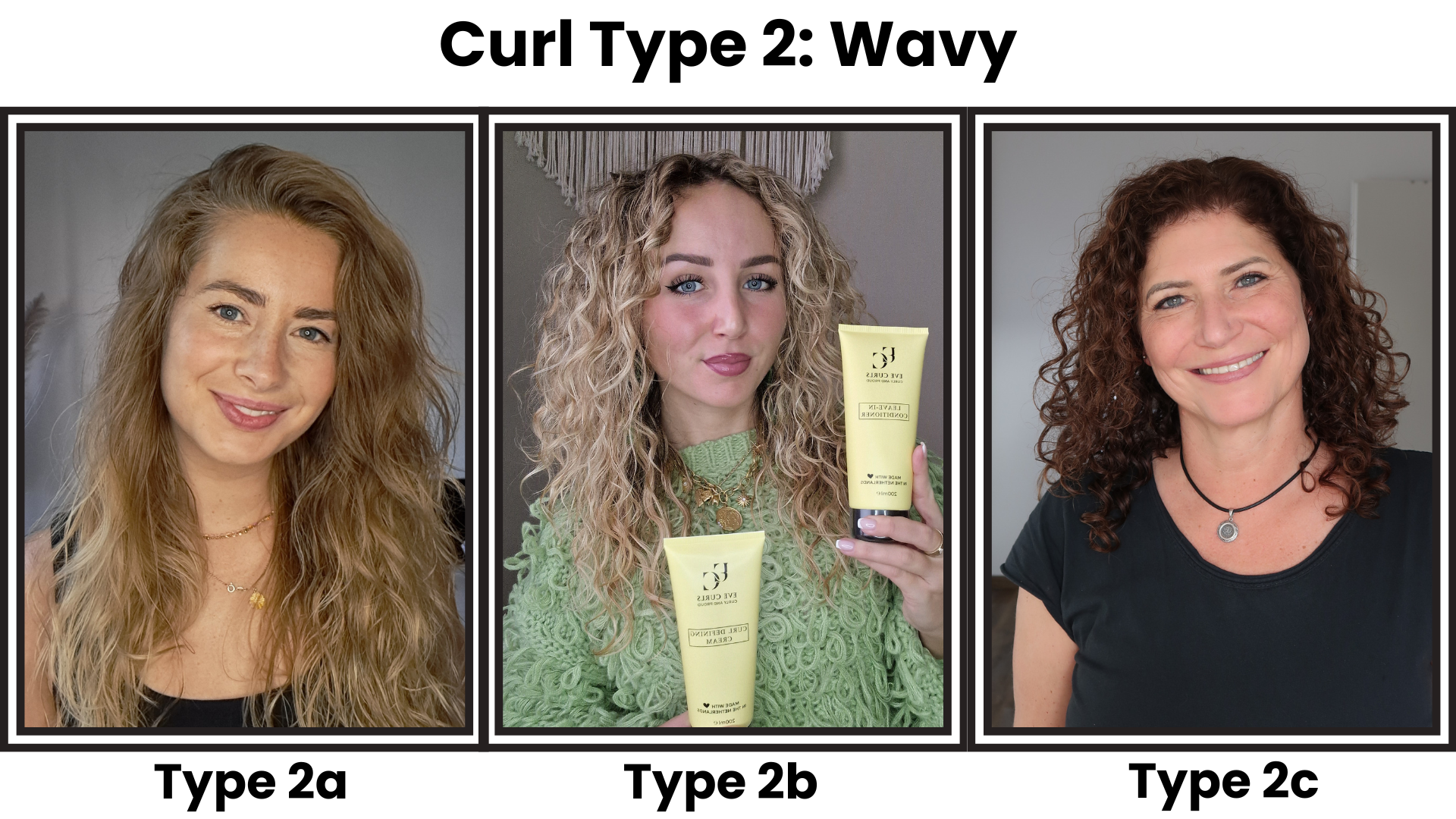 Three women with different wavy hair types labeled 2a, 2b, and 2c.