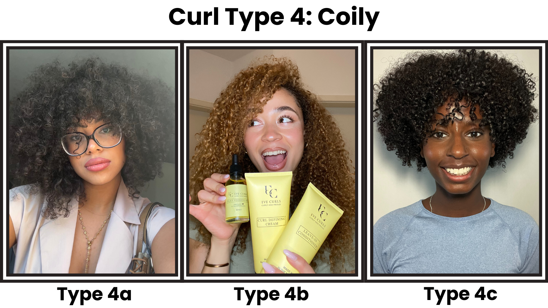 Three women with different curly hair types: 4a, 4b, and 4c.