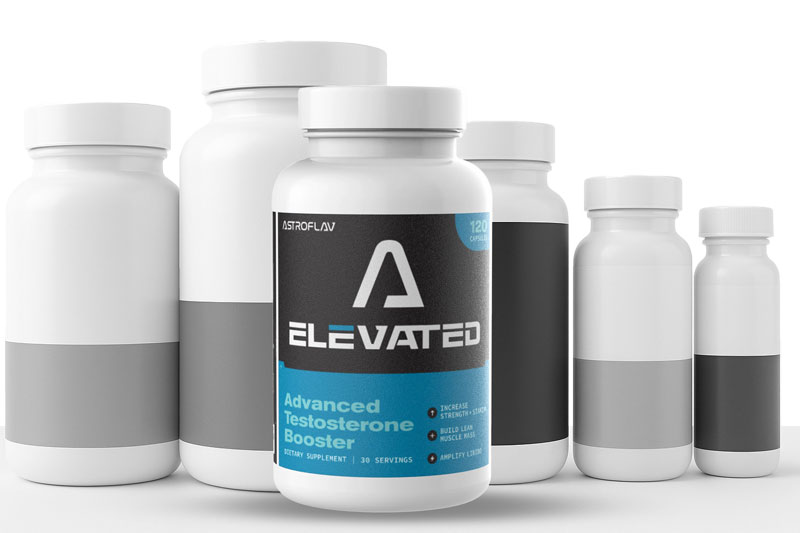Several supplement bottles, one labeled 'Elevated Advanced Testosterone Booster.'