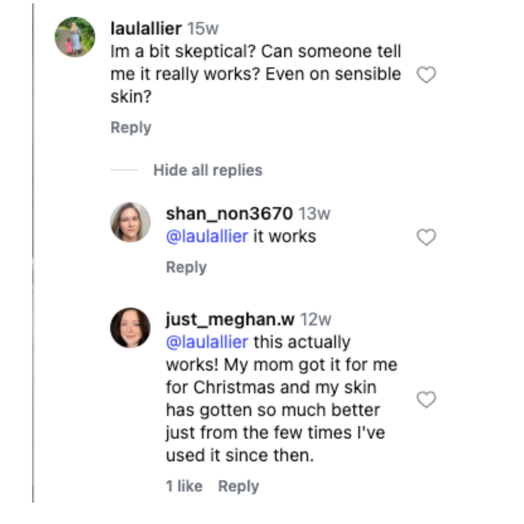 A screenshot of social media comments where users confirm a product works and is good for sensitive skin.