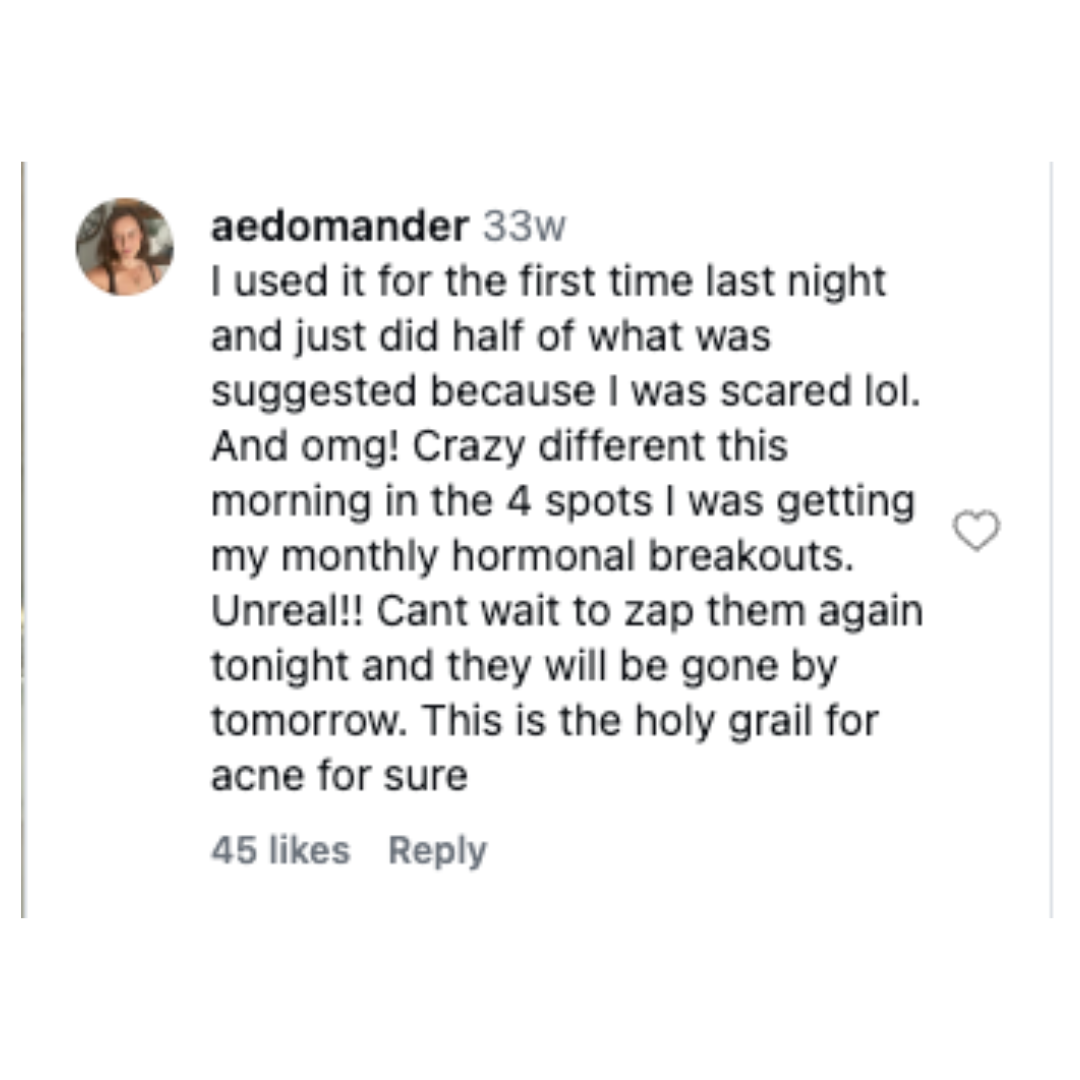 Screenshot of a positive Instagram comment about a product's effectiveness on hormonal acne breakouts.