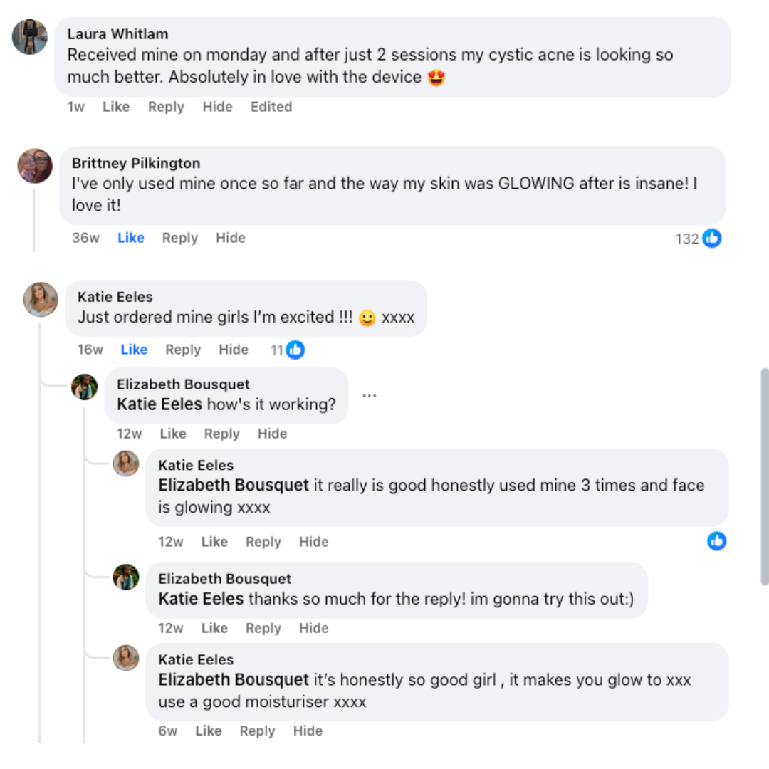A screenshot of positive social media comments and replies from customers reviewing a product.