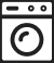 A simple black and white line icon of a washing machine.
