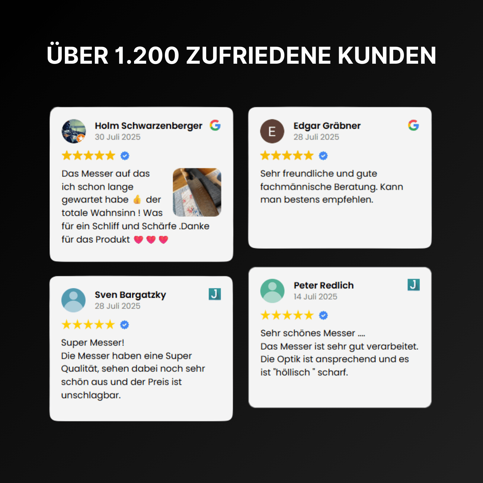 Four customer reviews with star ratings and profile icons on a black background.