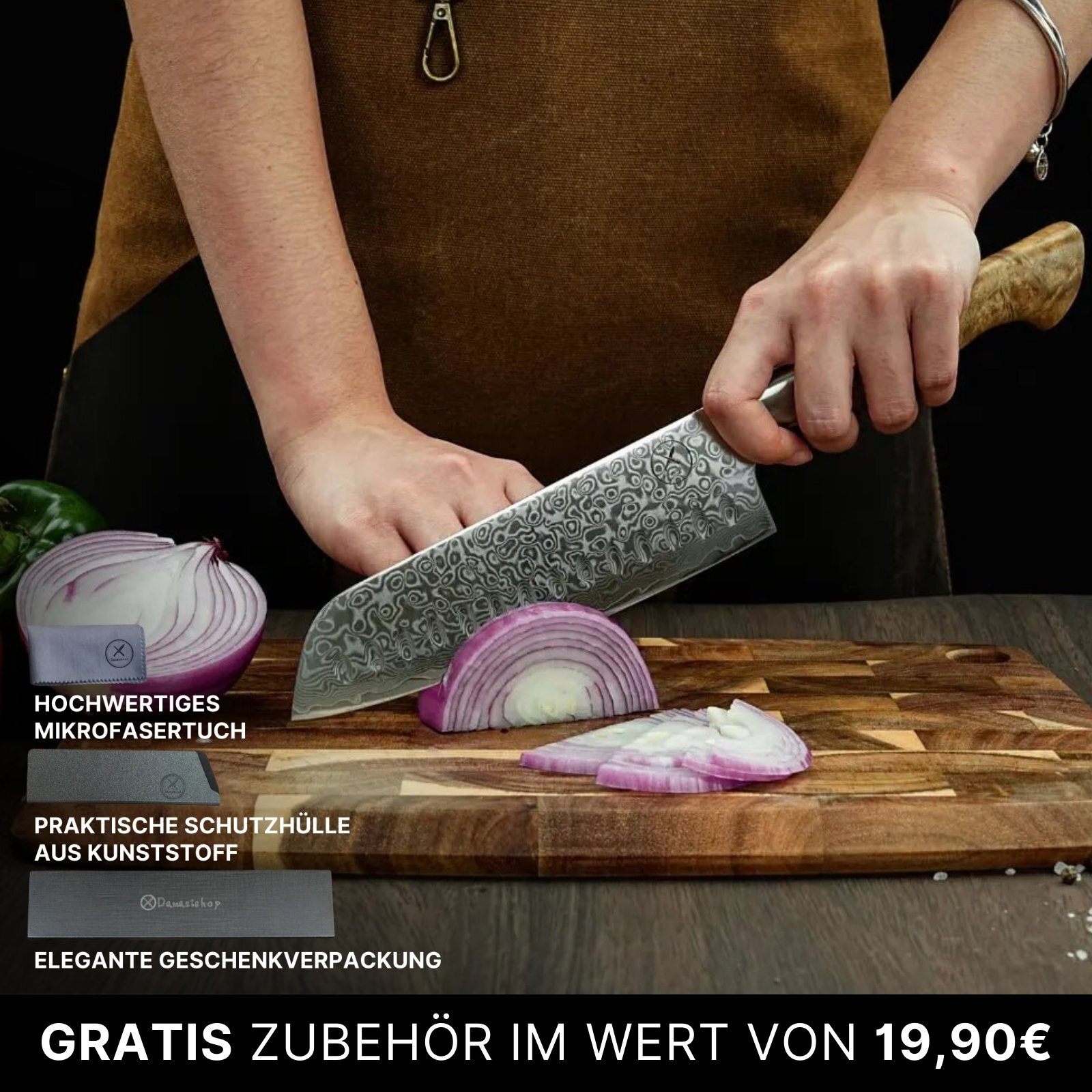 Person slicing a red onion with a patterned knife on a wooden cutting board.